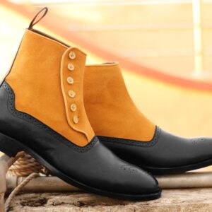 Handmade Ankle High Tan Black Boot, Men's Handmade Leather Suede Button Top Brogue Boots For men's