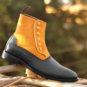 Handmade Ankle High Tan Black Boot, Men's Handmade Leather Suede Button Top Brogue Boots For men's