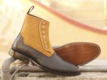 Handmade Ankle High Tan Black Boot, Men's Handmade Leather Suede Button Top Brogue Boots For men's