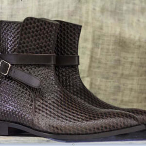 Handmade Ankle High Woven Texture Leather Boot, Men's Jodhpurs Braided Style Leather Boot