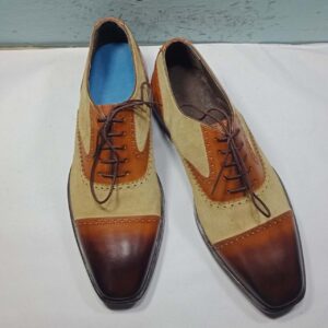 Handmade Beige Brown Suede Shoes, Men's Cap Toe Formal Lace Up Dress Shoes