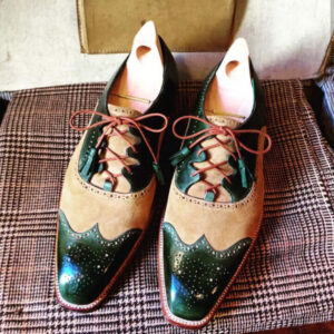 Handmade Beige Green Lace Up Suede Leather Shoes, Wing Tip Brogue Stylish Shoes