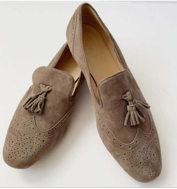 Handmade Best Selling Grey Tan Tassels Wing Tip Loafer Shoes