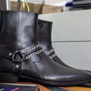 Handmade Black Ankle High Madrid Strap Boots , Pure Leather Side Zipper Boot