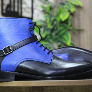 Handmade Black Blue Leather Buckle Lace Up Ankle High Men's Boot, Street Wear Boot