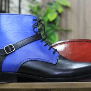 Handmade Black Blue Leather Buckle Lace Up Ankle High Men's Boot, Street Wear Boot