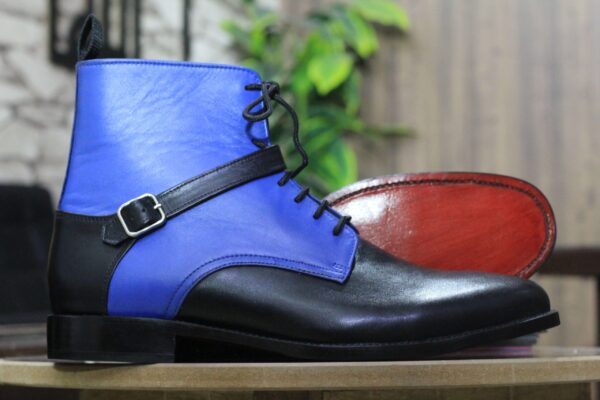 Handmade Black Blue Leather Buckle Lace Up Ankle High Men's Boot, Street Wear Boot