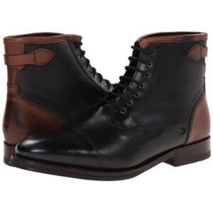 Handmade Black Brown Leather Boot, Men's Lace Up Cap Toe Ankle High Boot