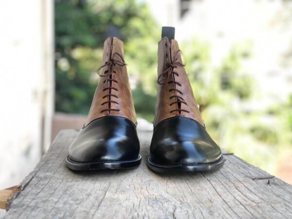 Handmade Black Brown Leather Casual Ankle High Lace Up Boots for Men's