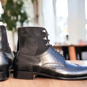 Handmade Black Leather  Suede Wing Tip Boot, Lace Up Brogue Boot