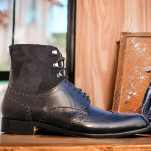 Handmade Black Leather  Suede Wing Tip Boot, Lace Up Brogue Boot