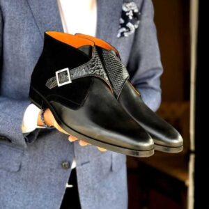 Handmade Black Monk Straps Leather & Velvet Boot,Men's Casual Dress boot