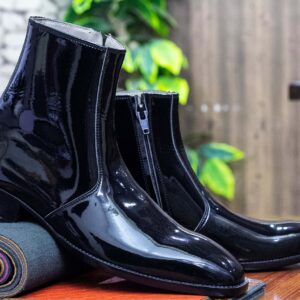 Handmade Black Patent Leather Ankle High Boots For Men's