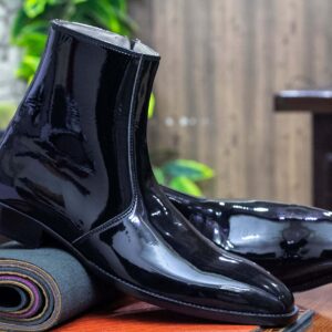 Handmade Black Patent Leather Ankle High Boots For Men's