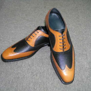 Handmade Black Tan Wing Tip Lace Up Pebbled Leather Shoes For Men's