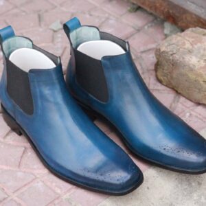 Handmade Blue Brogue Toe Half Chelsea Ankle Boots, Stylish Unique Boot For Men's