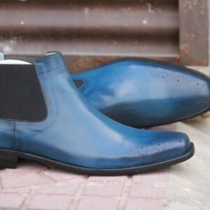 Handmade Blue Brogue Toe Half Chelsea Ankle Boots, Stylish Unique Boot For Men's