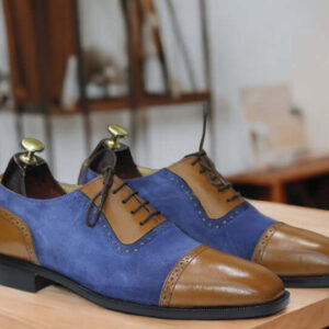 Handmade Blue Brown Denim Leather Shoes, Cap Toe Shoes, Men's Dress Shoes