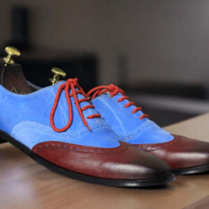 Handmade Blue Burgundy Lace Up Leather Suede Dress Shoes For Men's