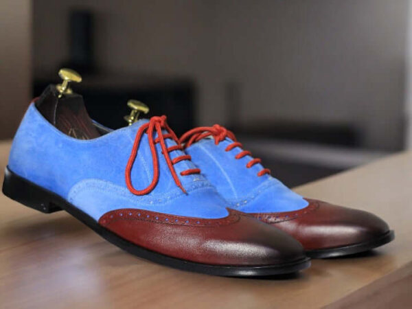 Handmade Blue Burgundy Lace Up Leather Suede Dress Shoes For Men's