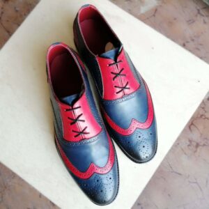 Handmade Blue Burgundy Wing Tip Brogue Lace Up Shoes Designing Leather Shoes, Stylish Dress Formal Shoes