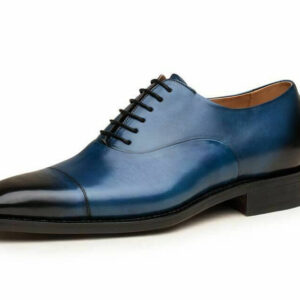 Handmade Blue Cap Toe Lace Up Leather Shoes For Men's