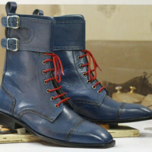 Handmade Blue Cap Toe Leather Double Monk Ankle High Boot,Men's Boot,Oxford Boot