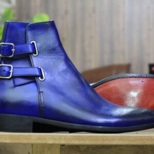 Handmade Blue Double Buckle Ankle High Boot, Men's Boot, Formal Wear Boot