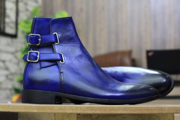 Handmade Blue Double Buckle Ankle High Boot, Men's Boot, Formal Wear Boot