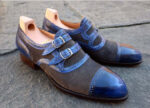 Handmade Blue Gray Suede Leather Shoes, Men's Monk Strap Cap Toe Formal Shoes