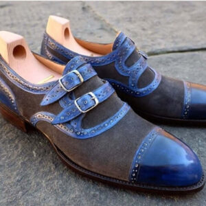 Handmade Blue Gray Suede Leather Shoes, Men's Monk Strap Cap Toe Formal Shoes