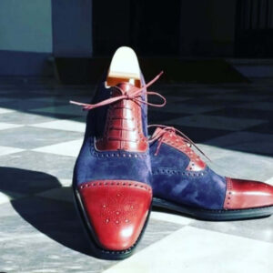 Handmade Blue Maroon Shoes, Cap Toe Lace Up Leather Suede Shoes