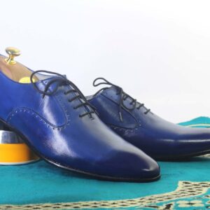 Handmade Blue Pointed Toe Lace Up Leather Shoes For Men's