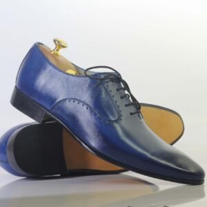 Handmade Blue Pointed Toe Lace Up Leather Shoes For Men's