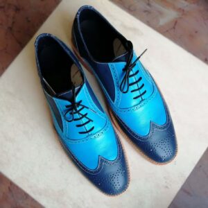 Handmade Blue Wing Tip Brogue Lace Up Leather Shoes, Stylish Dress Formal Shoes