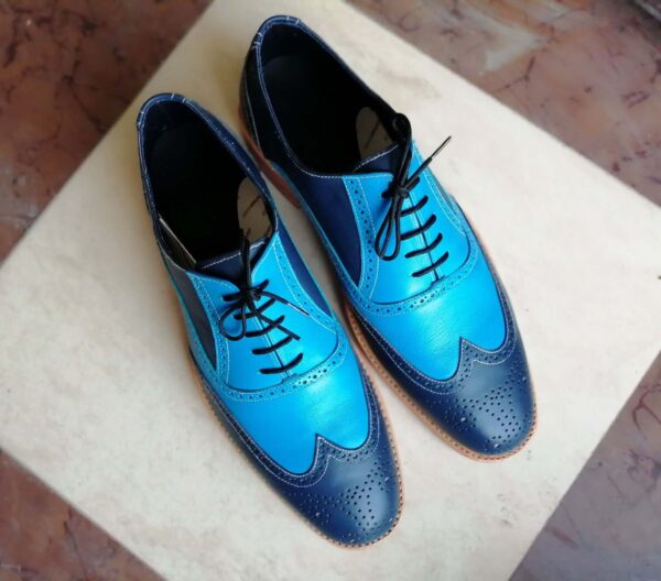 Handmade Blue Wing Tip Brogue Lace Up Leather Shoes, Stylish Dress Formal Shoes