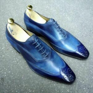 Handmade Blue Wing Tip Brogue Leather Lace Up Shoes For Men's