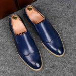 Handmade Blue Wing Tip Loafer Shoes, Brogue Toe Shoes, Classic Leather Shoes