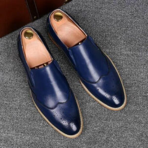 Handmade Blue Wing Tip Loafer Shoes, Brogue Toe Shoes, Classic Leather Shoes