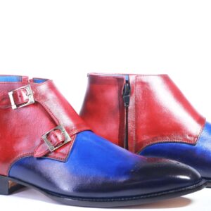 Handmade Blue & Burgundy Leather Double Monk Boot For Men's