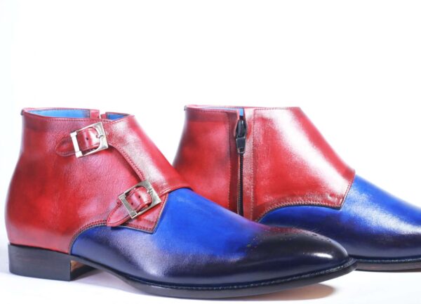 Handmade Blue & Burgundy Leather Double Monk Boot For Men's