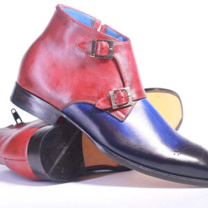 Handmade Blue & Burgundy Leather Double Monk Boot For Men's