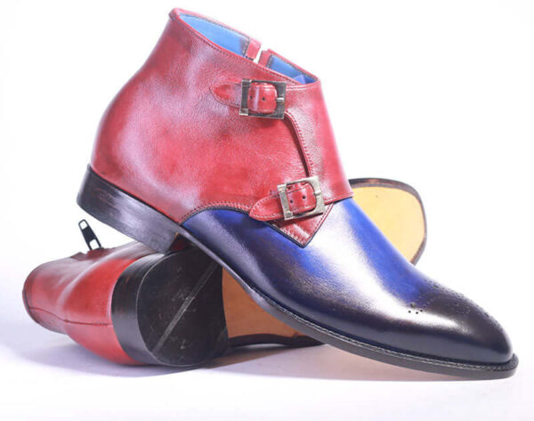 Handmade Blue & Burgundy Leather Double Monk Boot For Men's