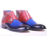 Handmade Blue & Burgundy Leather Double Monk Boot For Men's