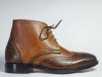 Handmade Brown Ankle High Wing Tip Brogue Leather Boot For Men's