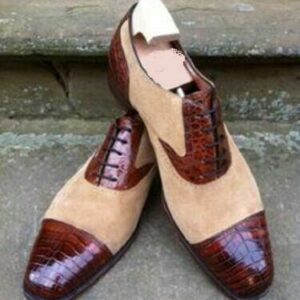 Handmade Brown Beige Alligator & Suede Men's Fashion Dress Shoes  For Men's