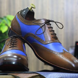 Handmade Brown Blue Pure Leather Shoes, Men's Lace Up Dress Shoes