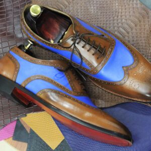 Handmade Brown Blue Pure Leather Shoes, Men's Lace Up Dress Shoes