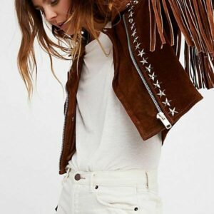 Handmade Brown Fringe Stud Jacket for women, Women studded Suede biker Jacket - leathersguru