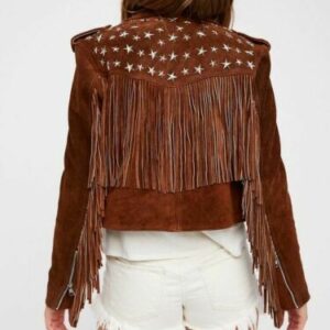 Handmade Brown Fringe Stud Jacket for women, Women studded Suede biker Jacket - leathersguru